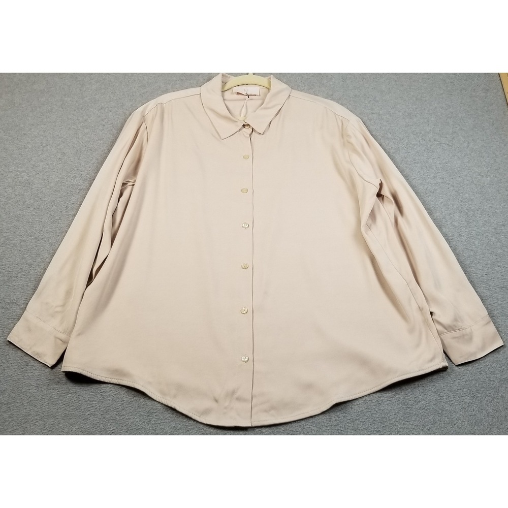NEW Reclaim Button Up Shirt Womens L Large Beige Long Sleeve Tencel Casual Top